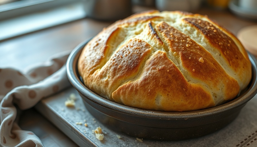 Freshly baked easy no-yeast bread in a pan.