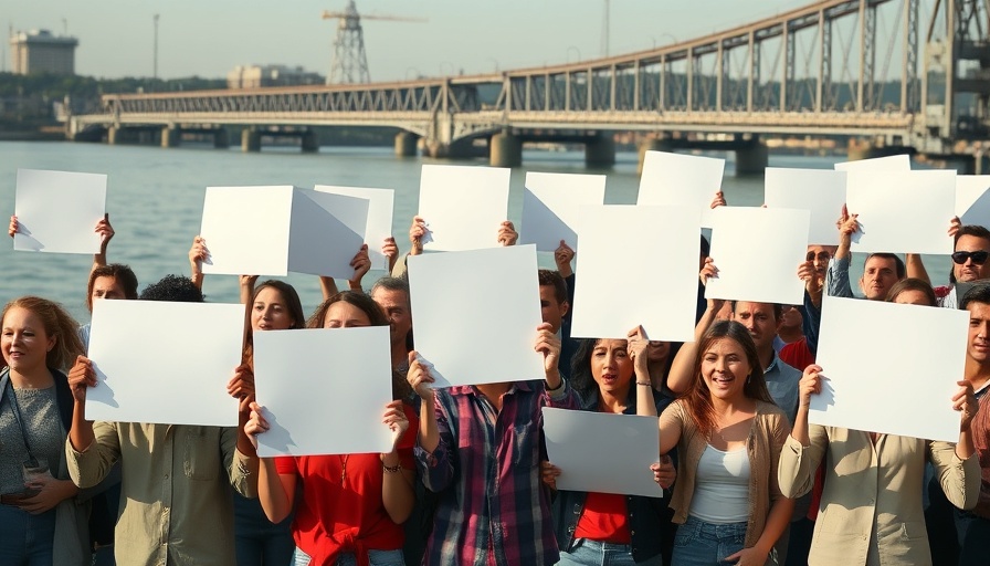 Diverse protesters holding signs by a river during a peaceful protest.