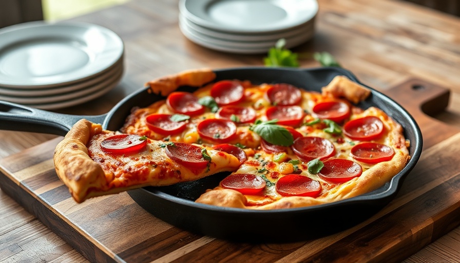 Delicious cast iron pan pizza slice being served with pepperoni and vegetables.