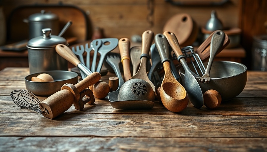 Assorted vintage kitchen tools on wooden table surface.