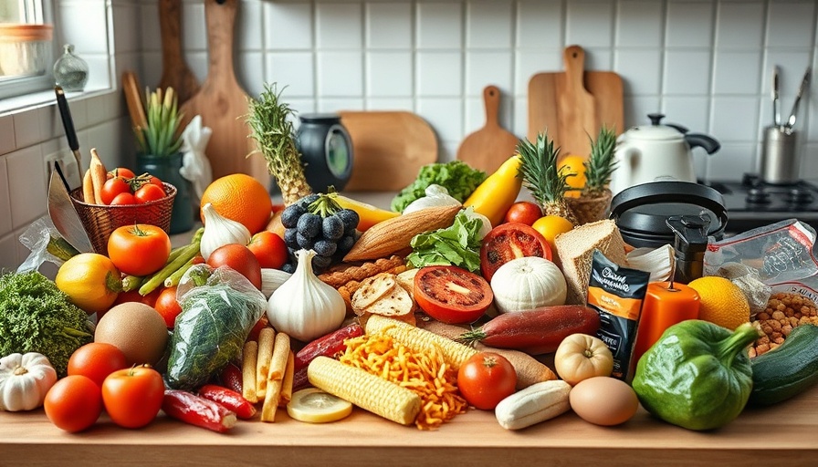 Kitchen countertop with food contamination risks items displayed.