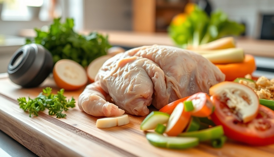 Kitchen cutting board with raw chicken and vegetables illustrating food contamination risks.