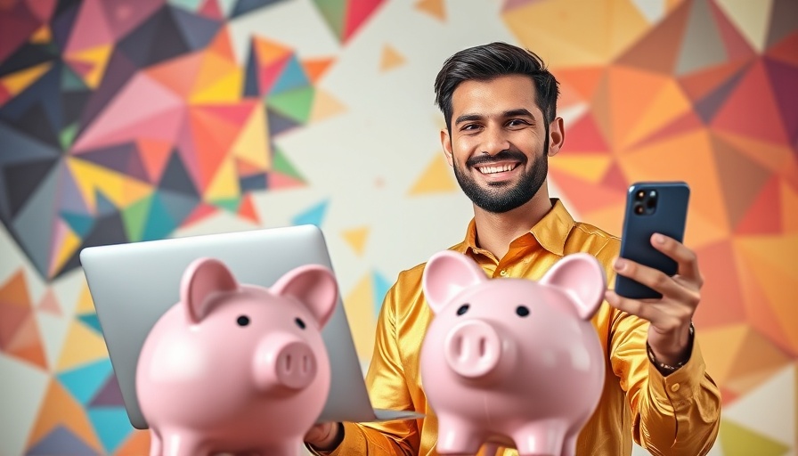 Modern B2B telemarketing concept with smiling man, laptop, and piggy bank.