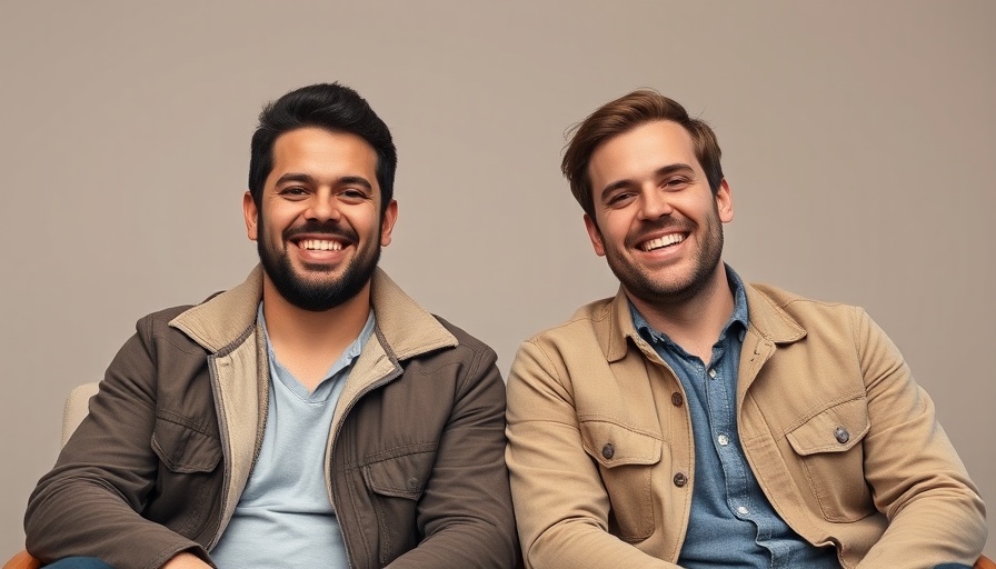 Casual studio portrait of two smiling men in jackets.