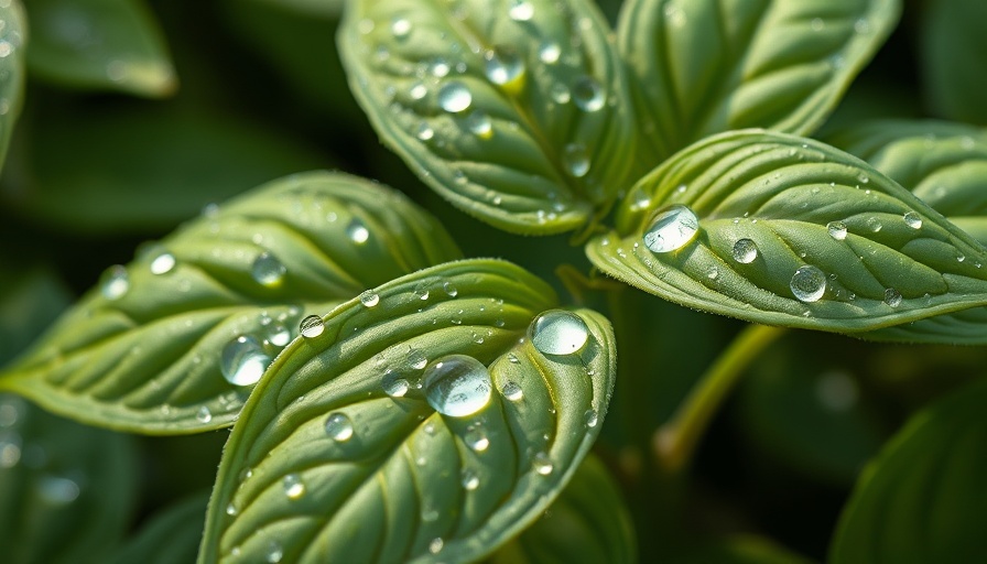 Close-up of dew-covered basil leaves in a lush garden.