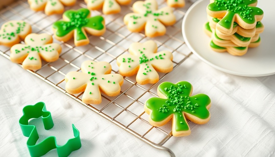 St. Patrick’s Day sugar cookies shaped like shamrocks with green sprinkles.