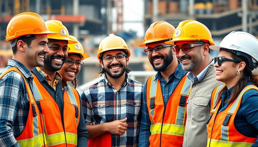 Smiling construction workers in hard hats, teamwork.