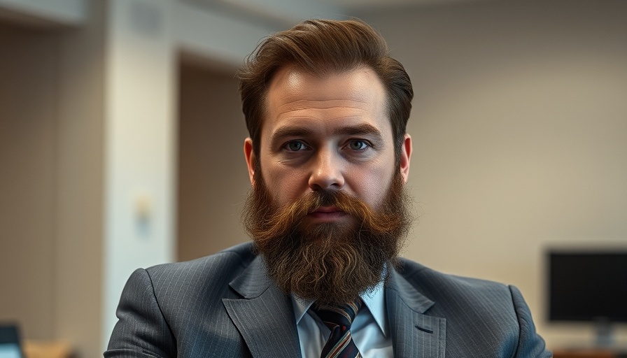 Portrait of a bearded man in a suit seated indoors.