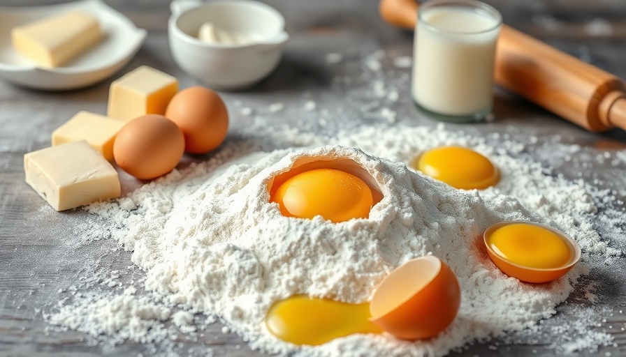 Essential Dry Goods for a Kitchen: Ingredients for baking with eggs and flour.