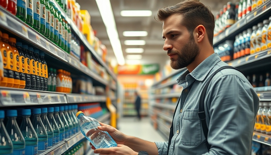 Man selecting bottled water in supermarket, wealth management context.