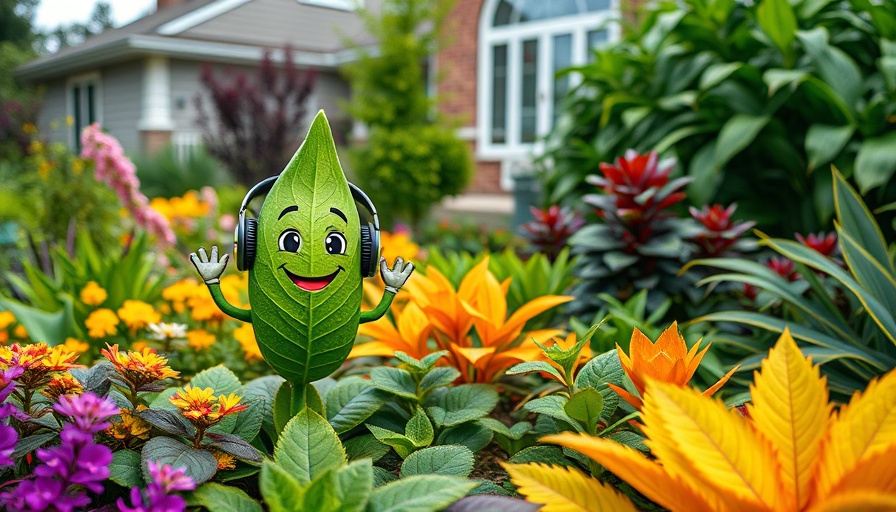 Colorful garden with cartoon leaf character, gardening tips theme.