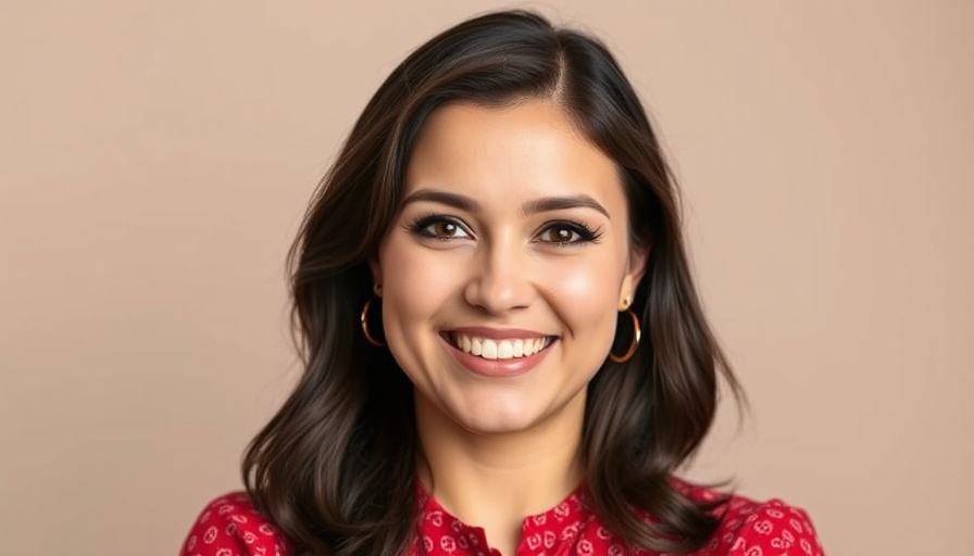 Brunette woman in red blouse, smiling in studio setting.