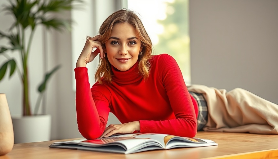 Confident woman in red turtleneck poses for magazine cover.