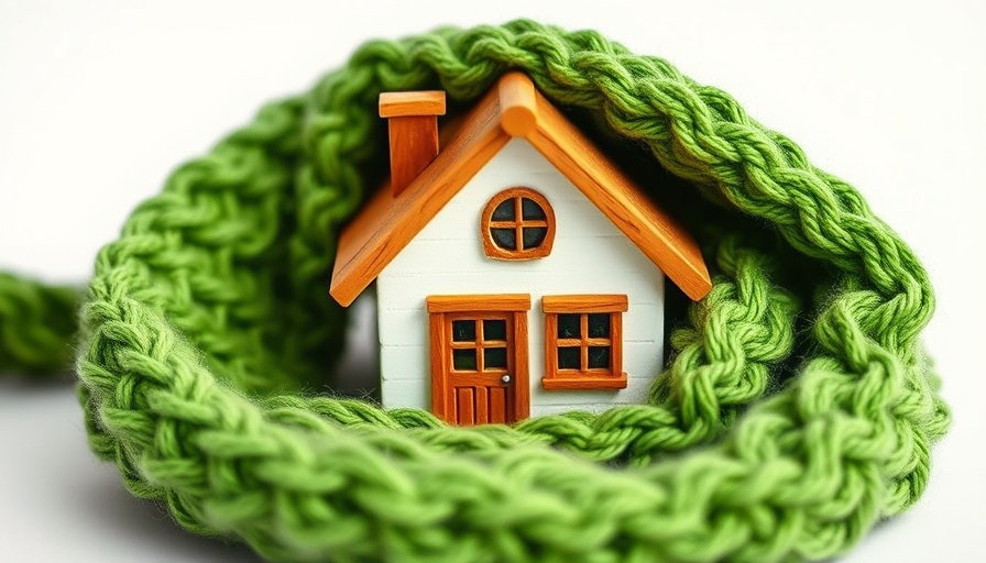 Miniature house in knitted scarf symbolizing ways to save heat.