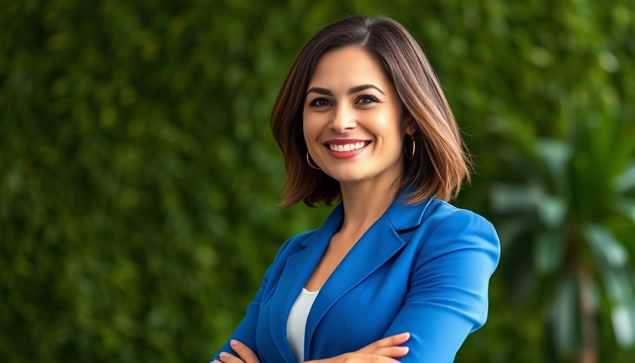 Confident woman in blue blazer, smiling naturally.