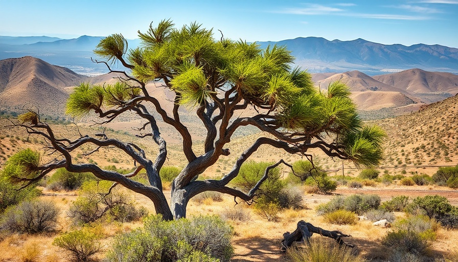 Mountain mahogany tree in arid landscape, twisted branches.