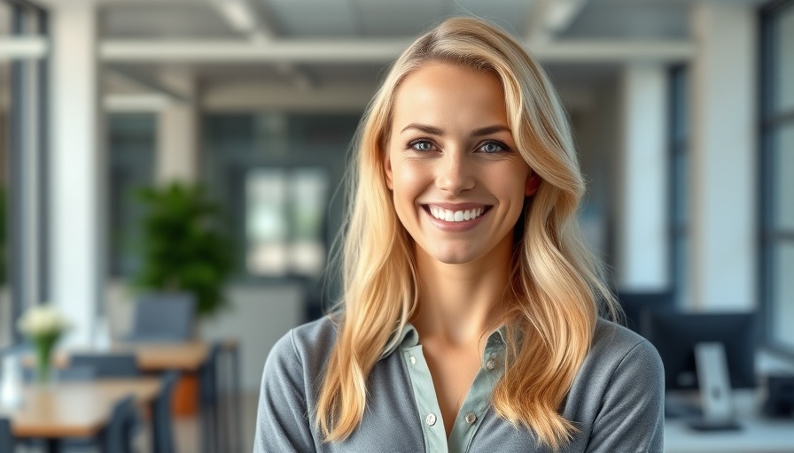 Smiling blonde woman in office, emphasizing happiness boosts productivity.