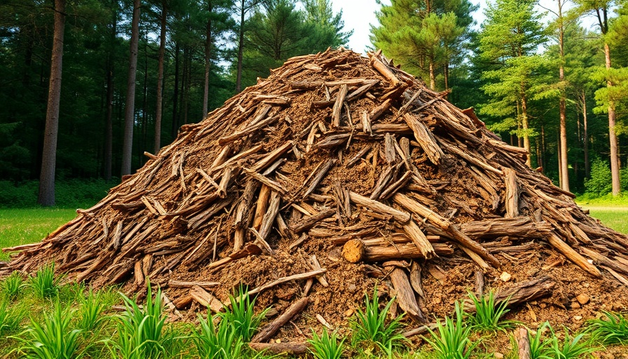 Organic chicken or goat manure pile on grassy field with forest backdrop.