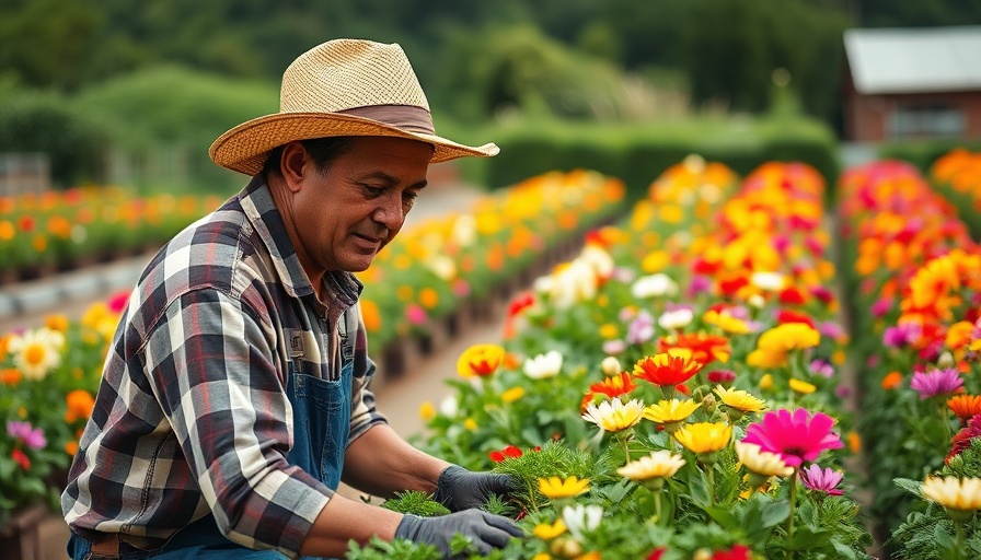 Gardener starting an urban flower farm, tending vibrant blooms.