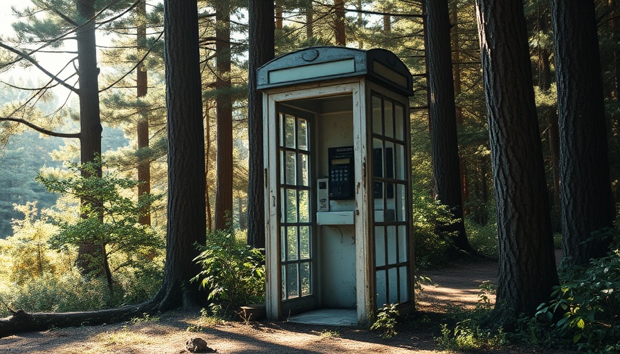 Damaged wind phone booth in Dallas wooded area, vandalized.