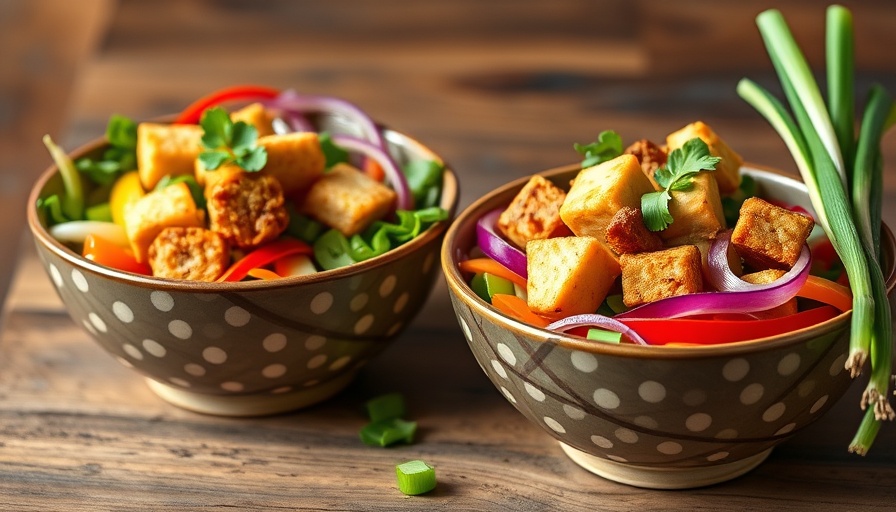 Vegan egg roll in a bowl with veggies and tofu, fresh setting.