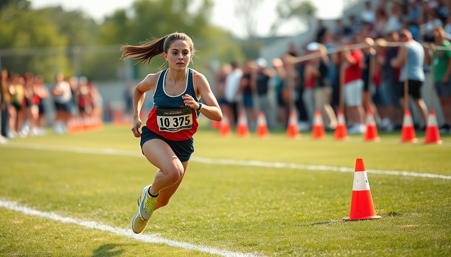 District 9-6A cross-country meet: Young female runner sprints ahead.
