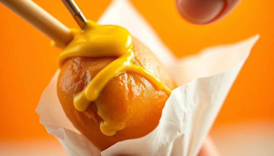 Fletcher's Corny Dogs with mustard being applied, close-up shot.