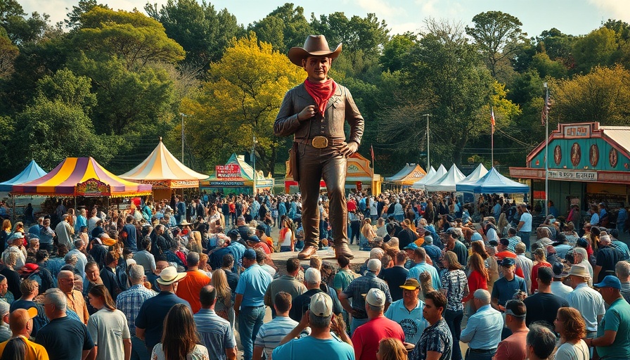 Festive crowd at State Fair of Texas with giant cowboy statue