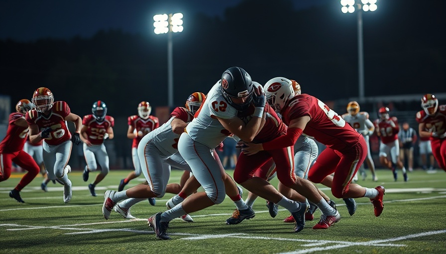 Dallas High School Football game under bright lights, intense action.