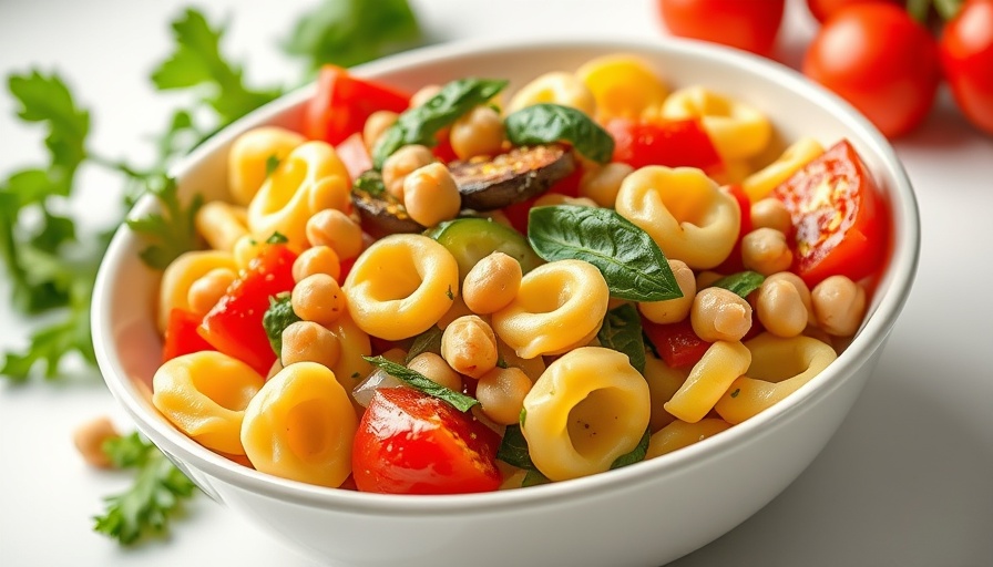Vegan tortellini pasta salad with vegetables in a bowl.