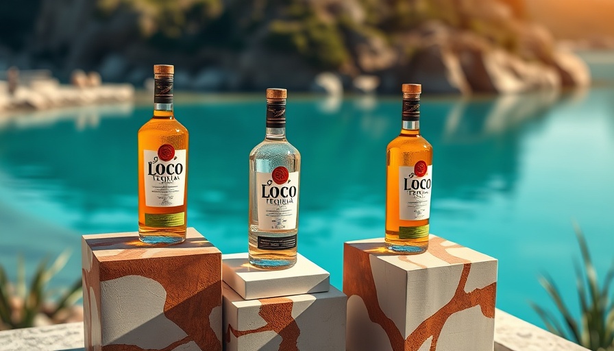 Elegant display of Loco Tequila bottles overlooking Dallas lake.