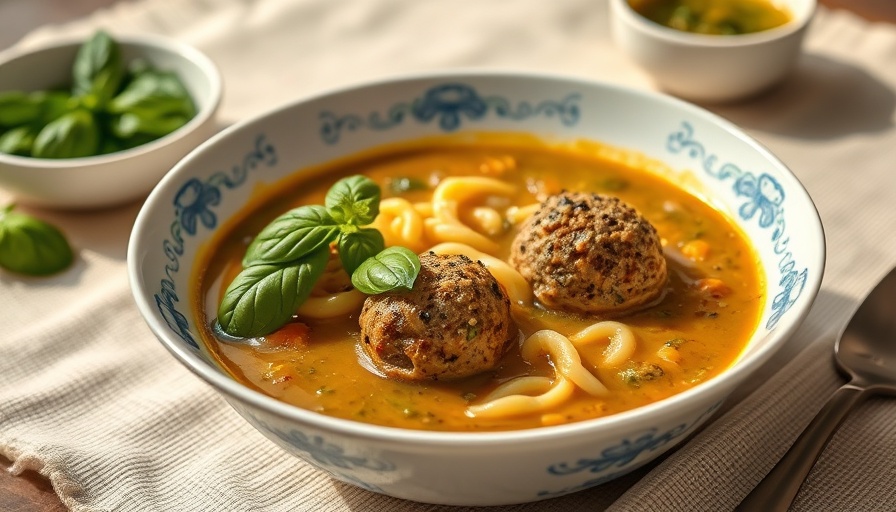 Pesto Meatball and Pastina Soup with fresh basil garnish.