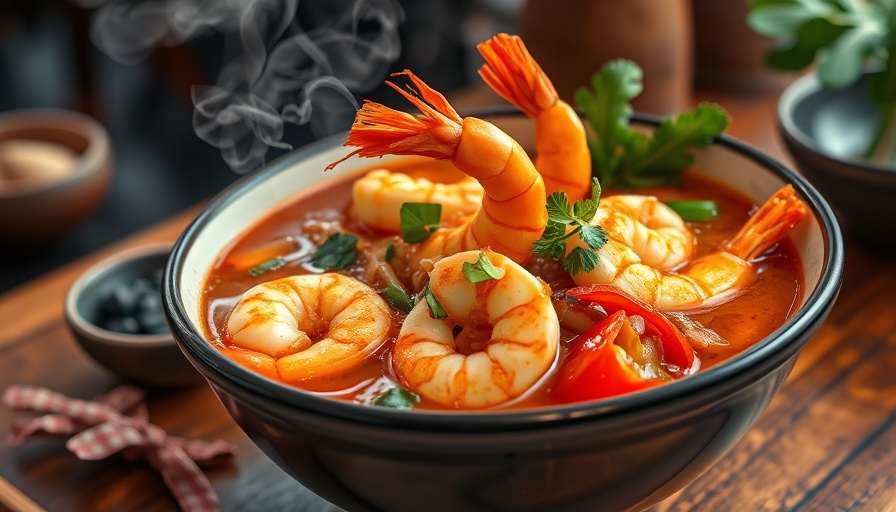 Delicious Gochujang and Coconut Shrimp Noodle Soup in a bowl.