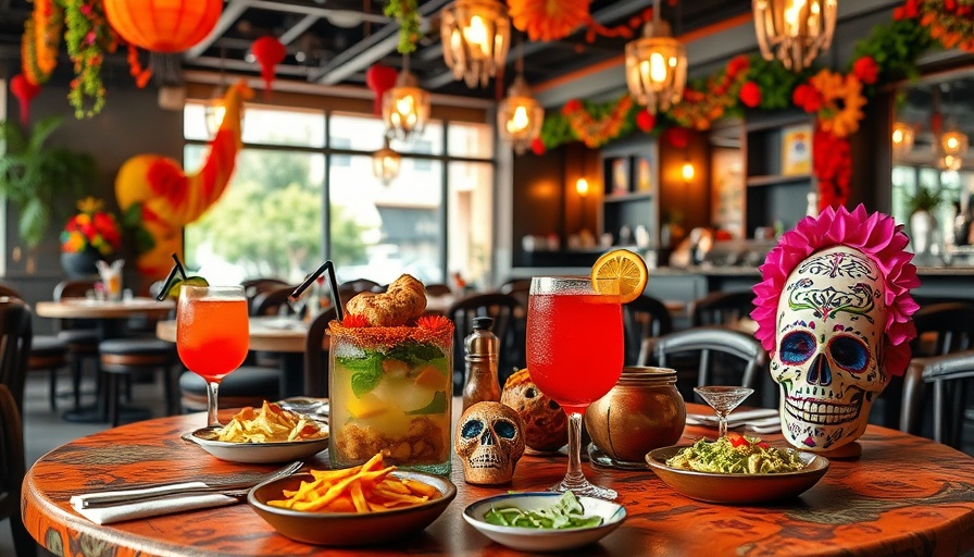 Colorful table setting at El Día de los Muertos Dallas events featuring vibrant skulls and drinks.