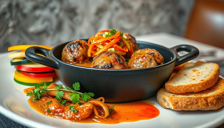 Dallas dining experience with gourmet meatballs in skillet.