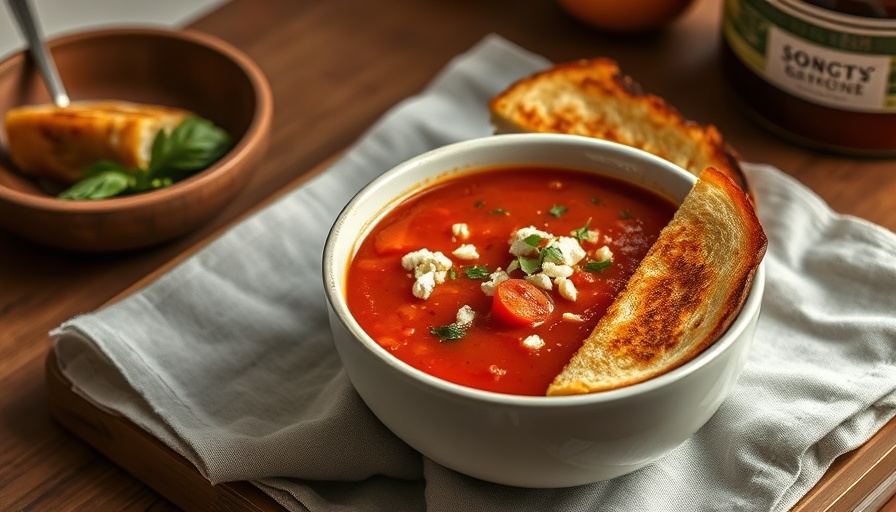 Greek-Inspired Roasted Tomato Soup with Feta and herbs, served with grilled cheese.