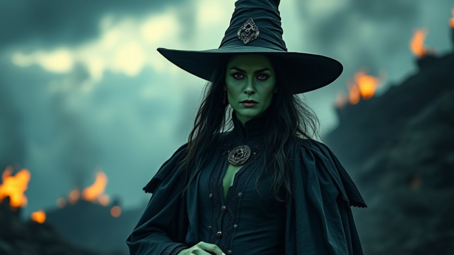 Wicked: For Good character in a dramatic stance with a burning background.