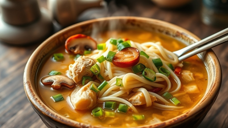 Miso Chicken Noodle Soup in ceramic bowl with garnishes.