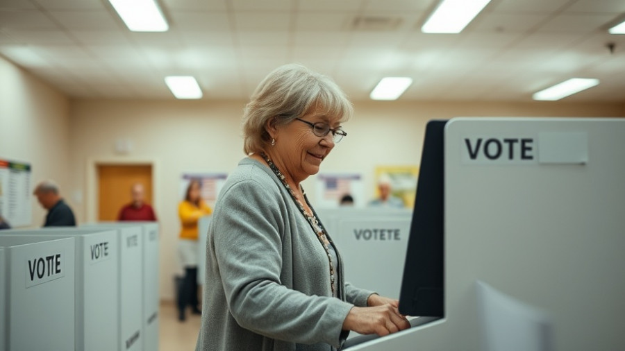 Early voting in Texas: Woman using electronic voting machine indoors.
