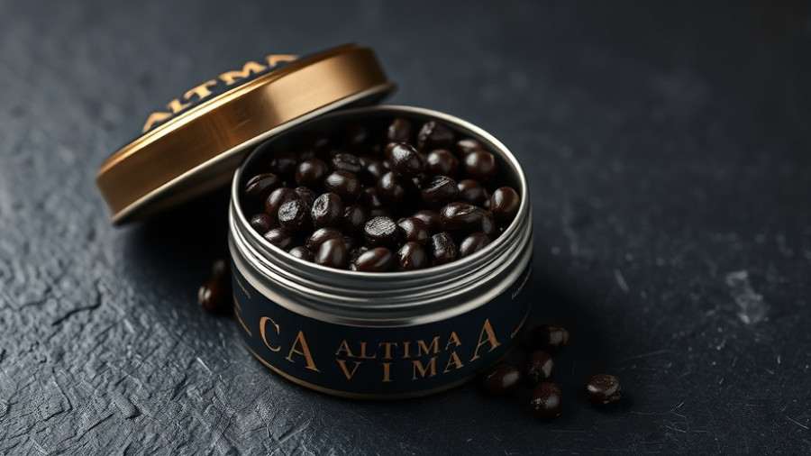 Luxurious Altima Caviar tin with rich caviar pearls.