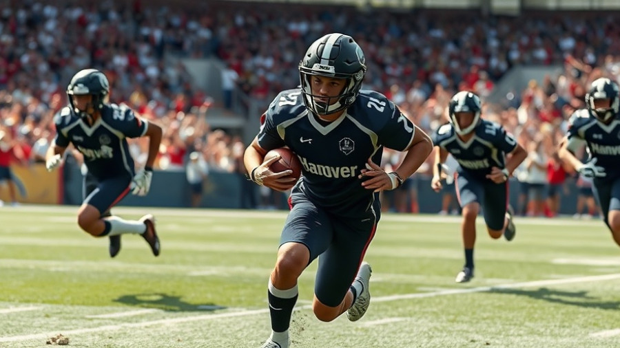Hanover Area Football Victory, player dodges opponents under stadium lights.