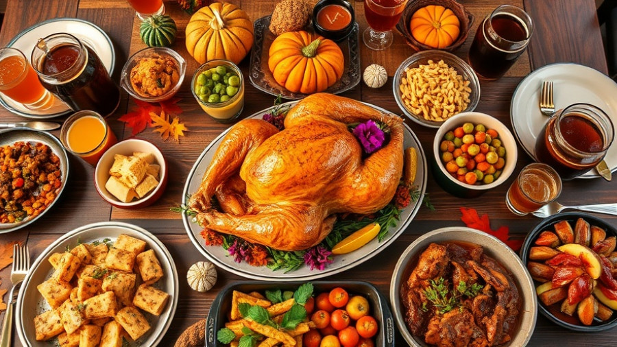 Thanksgiving table with roasted turkey and festive dishes