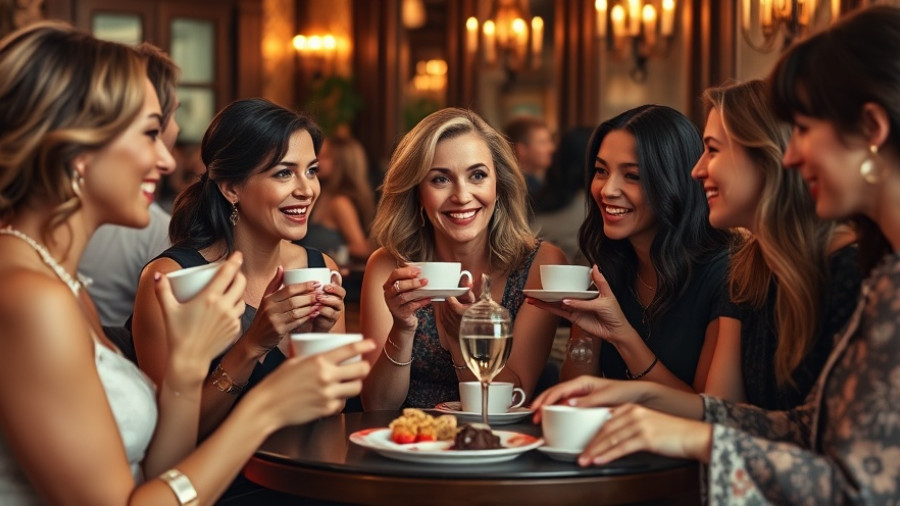 Women enjoying Texas-style afternoon tea with desserts.