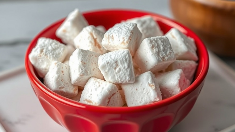 Close-up of vegan puppy chow recipe in red bowl, powdered sugar coating.