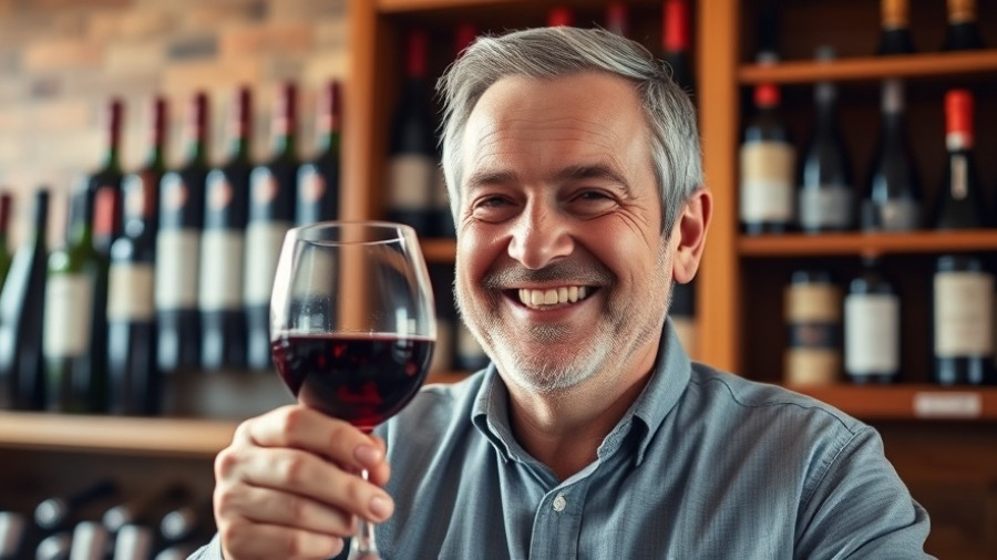 Cheerful man enjoying Beaujolais wine in a cozy shop.
