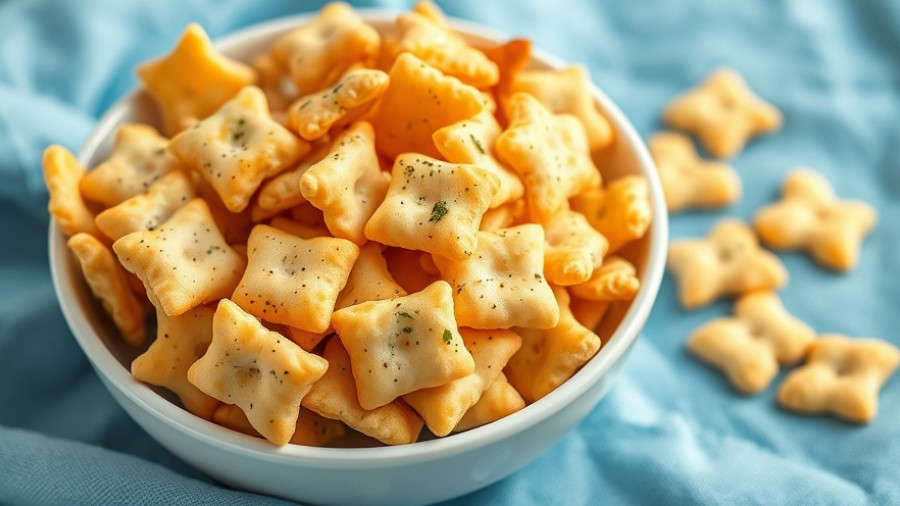 Vegan ranch oyster crackers in a white bowl on blue background.