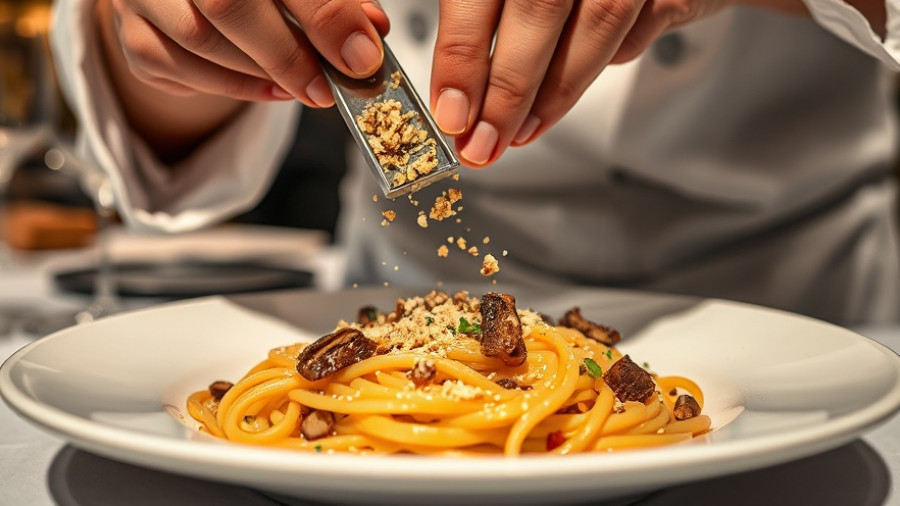 Chef at Meridian Restaurant in Dallas garnishing pasta with truffle.