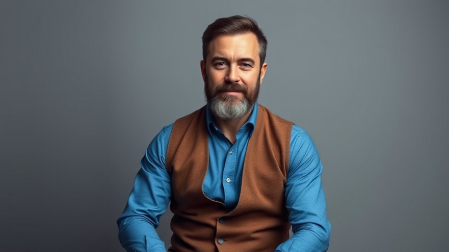Confident man in blue shirt and vest, seated portrait, Raj Sharma's 50th Birthday Show.