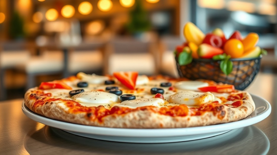 Motor City Pizza breakfast pizza with fruit bowl on table.