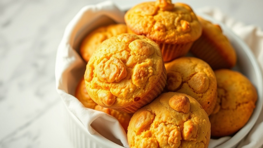 Golden vegan cornbread muffins in a white bowl.